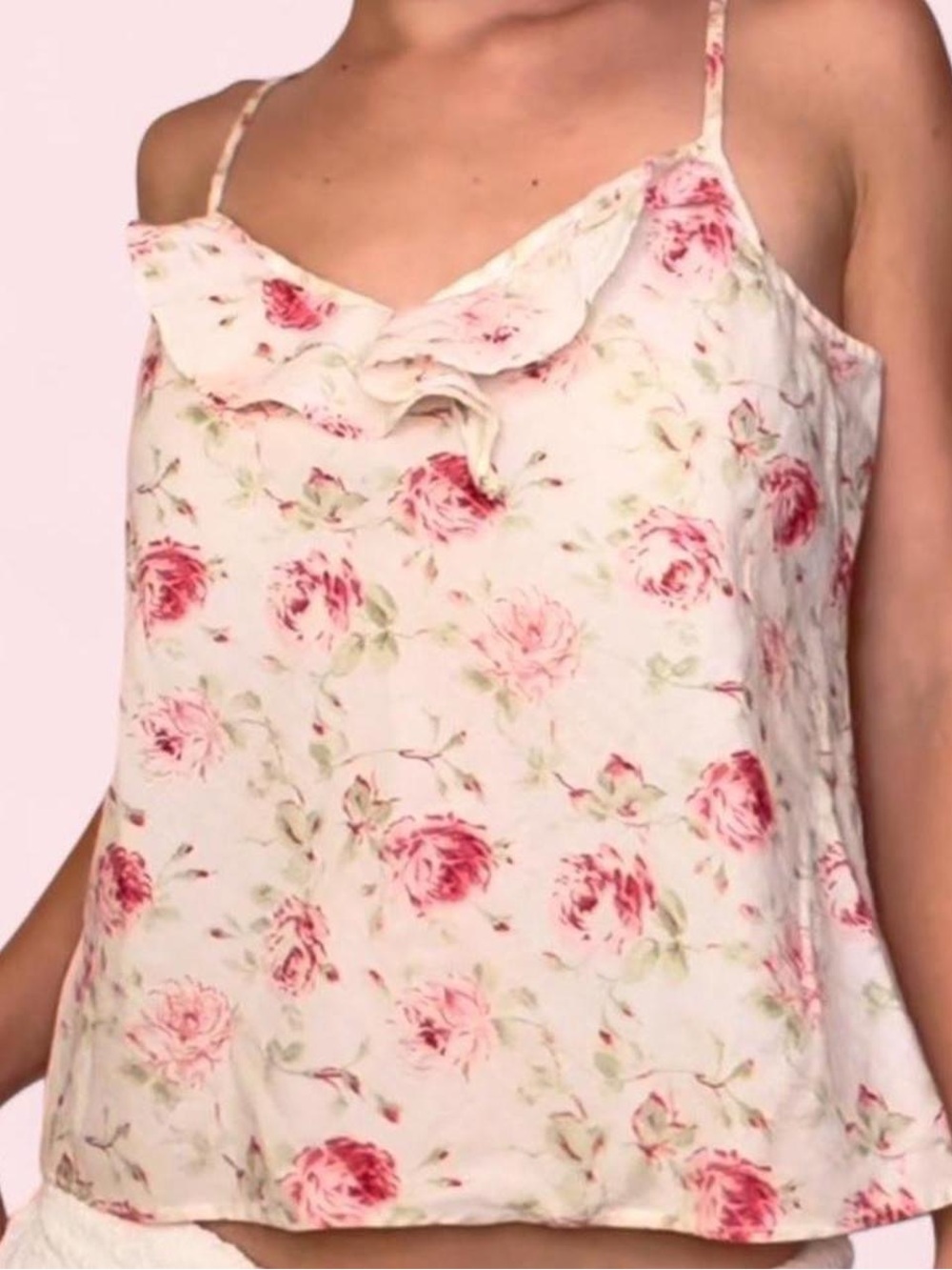 Y2K Cottagecore Pink Rose Floral Ruffle Cami Tank Top